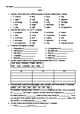 Đề kiểm tra một tiết số 1 Tiếng anh khối 6